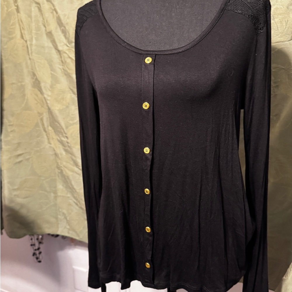 Zenana Outfitters Black Button-Down Shirt with Lace Accent Sz M NWT